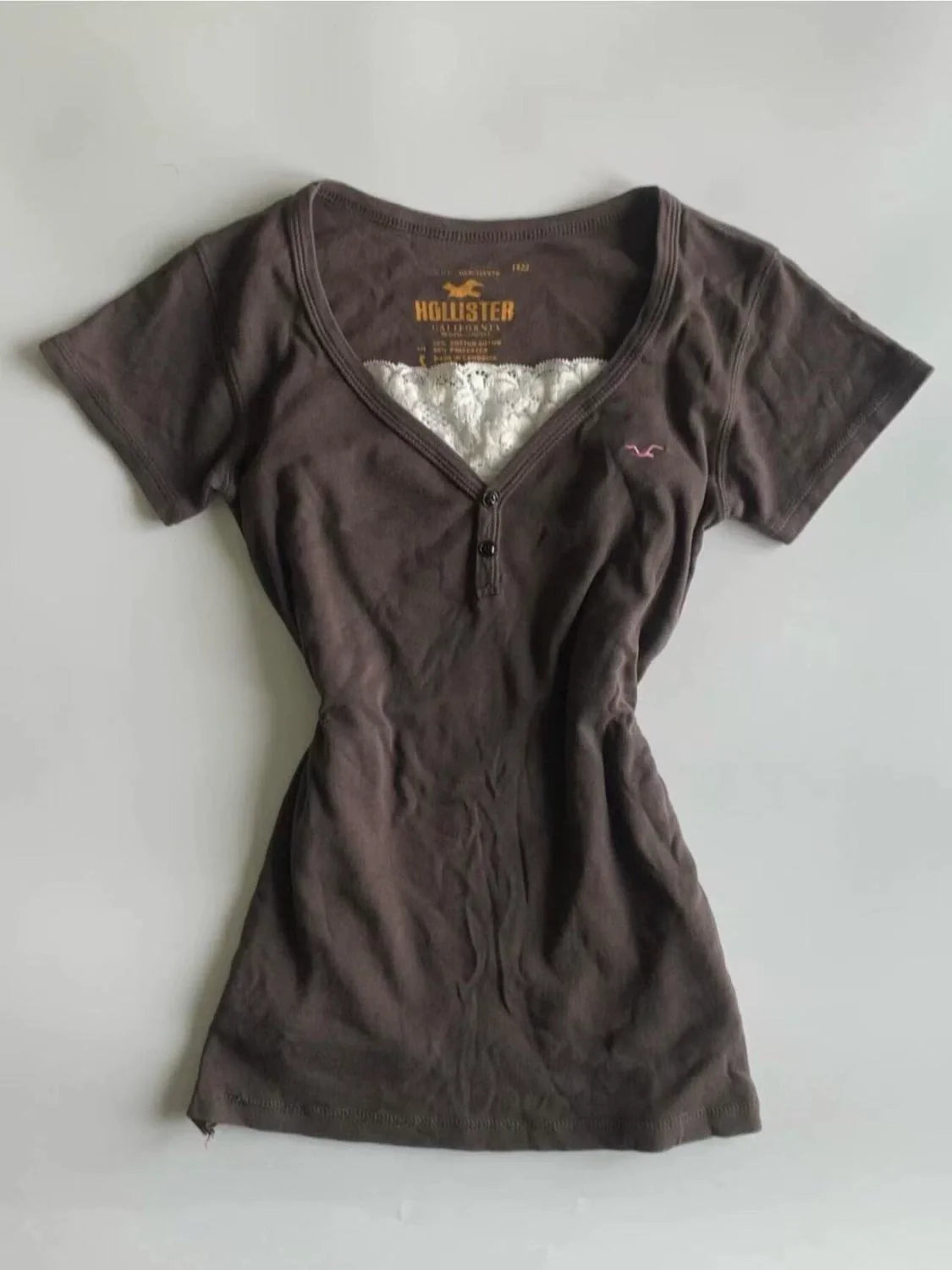 Brown Subculture Y2K E-girl American Retro V-neck Vintage Fake Two-Piece Short Sleeve Top