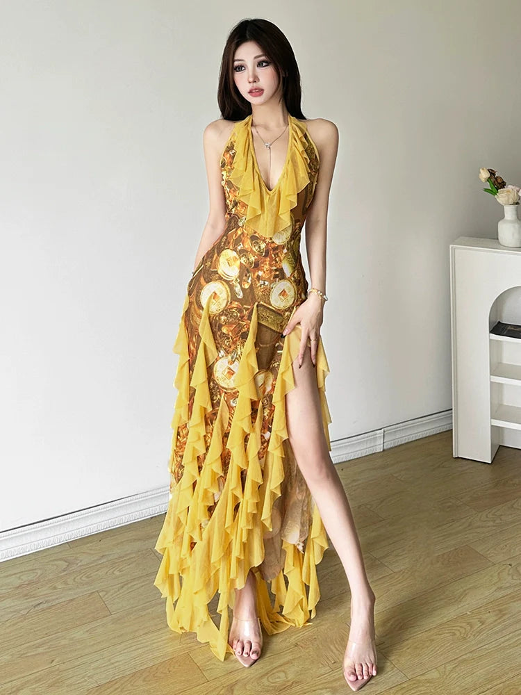 E-girl Gold Print V-Neck Halter Ruffle High-Slit Midi Dress