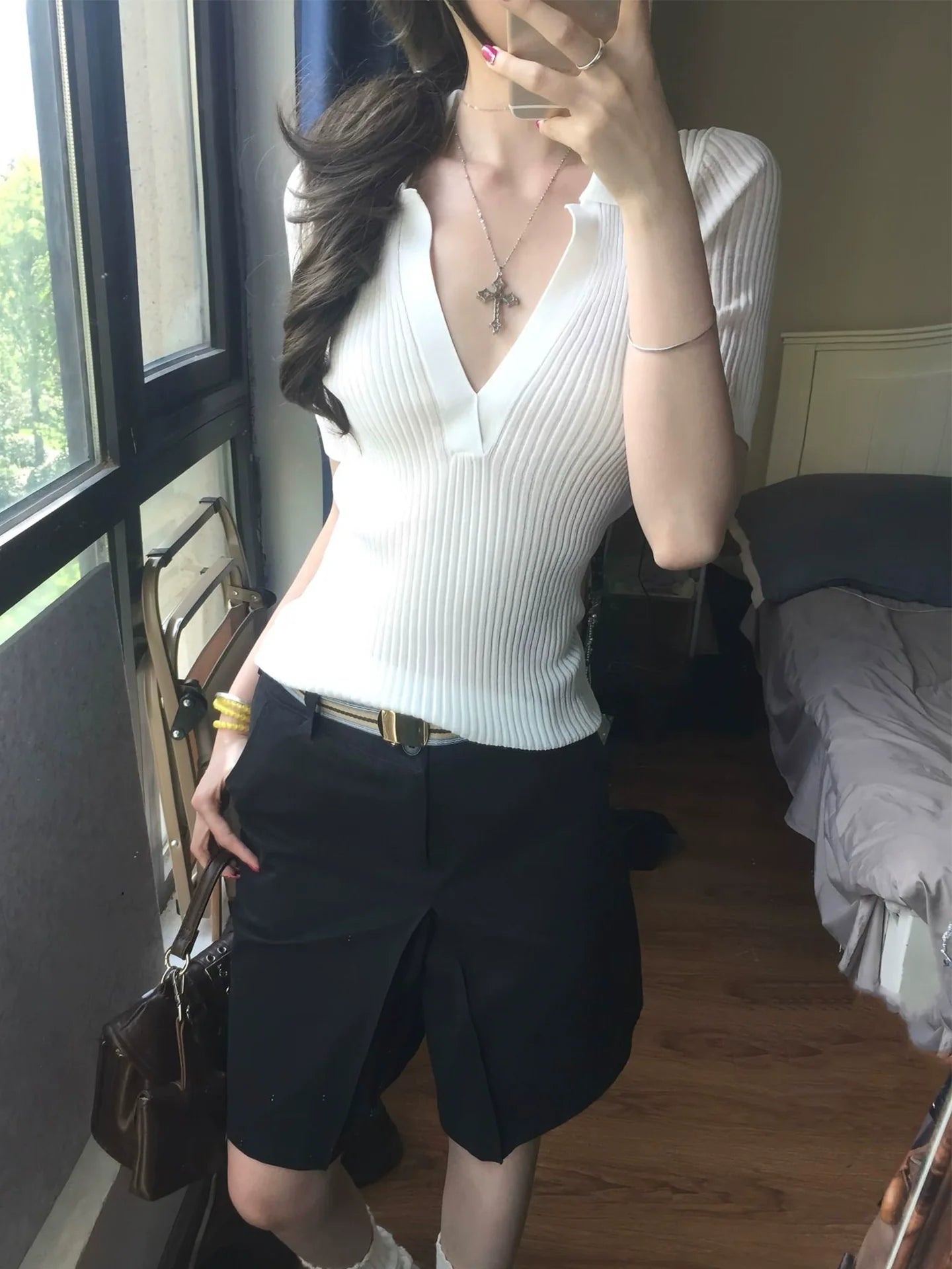 Old Money Deep V Knit Top Elegant Short Sleeve Slim Fit T-Shirt