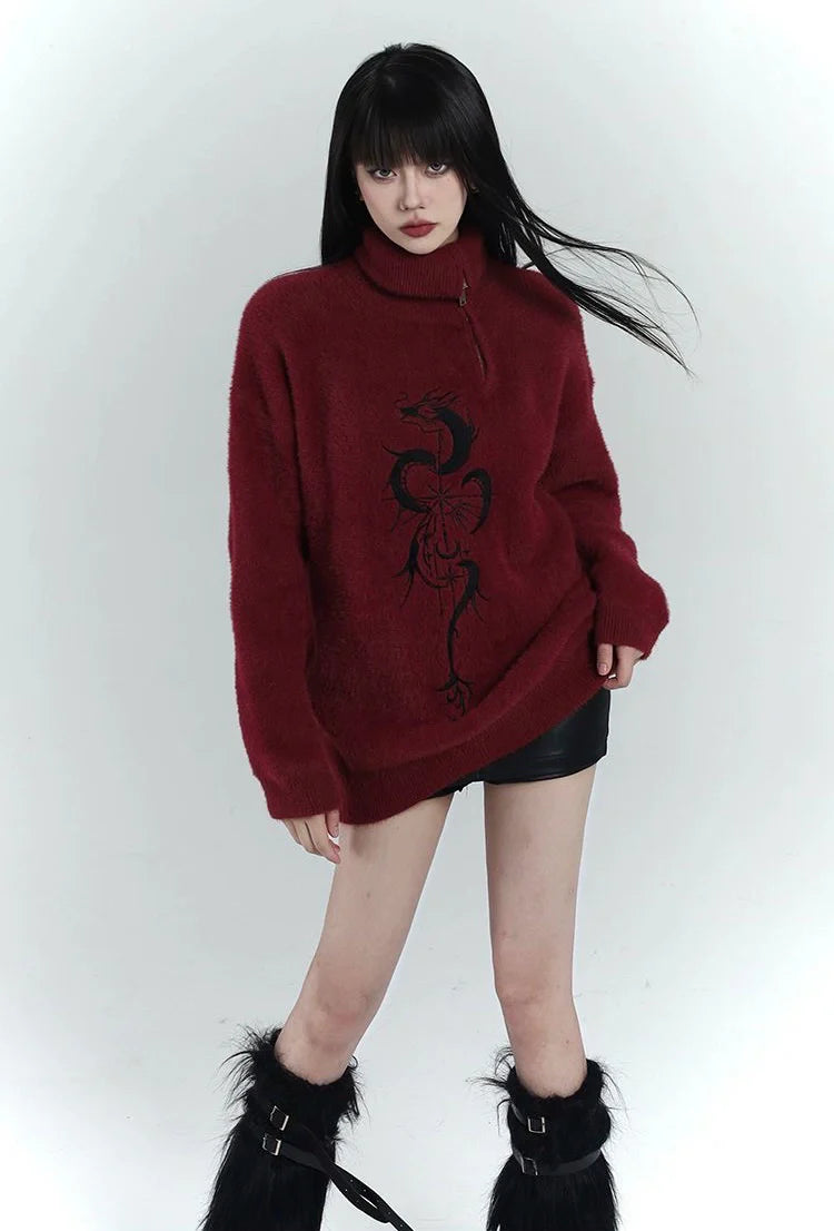 Red Y2K Retro Half-Zip Sweater