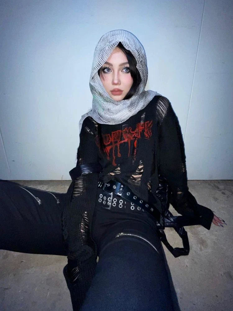 Black Subculture Gothic Rock Punk Y2K E-girl Abi Distressed Knit Long-Sleeve Top