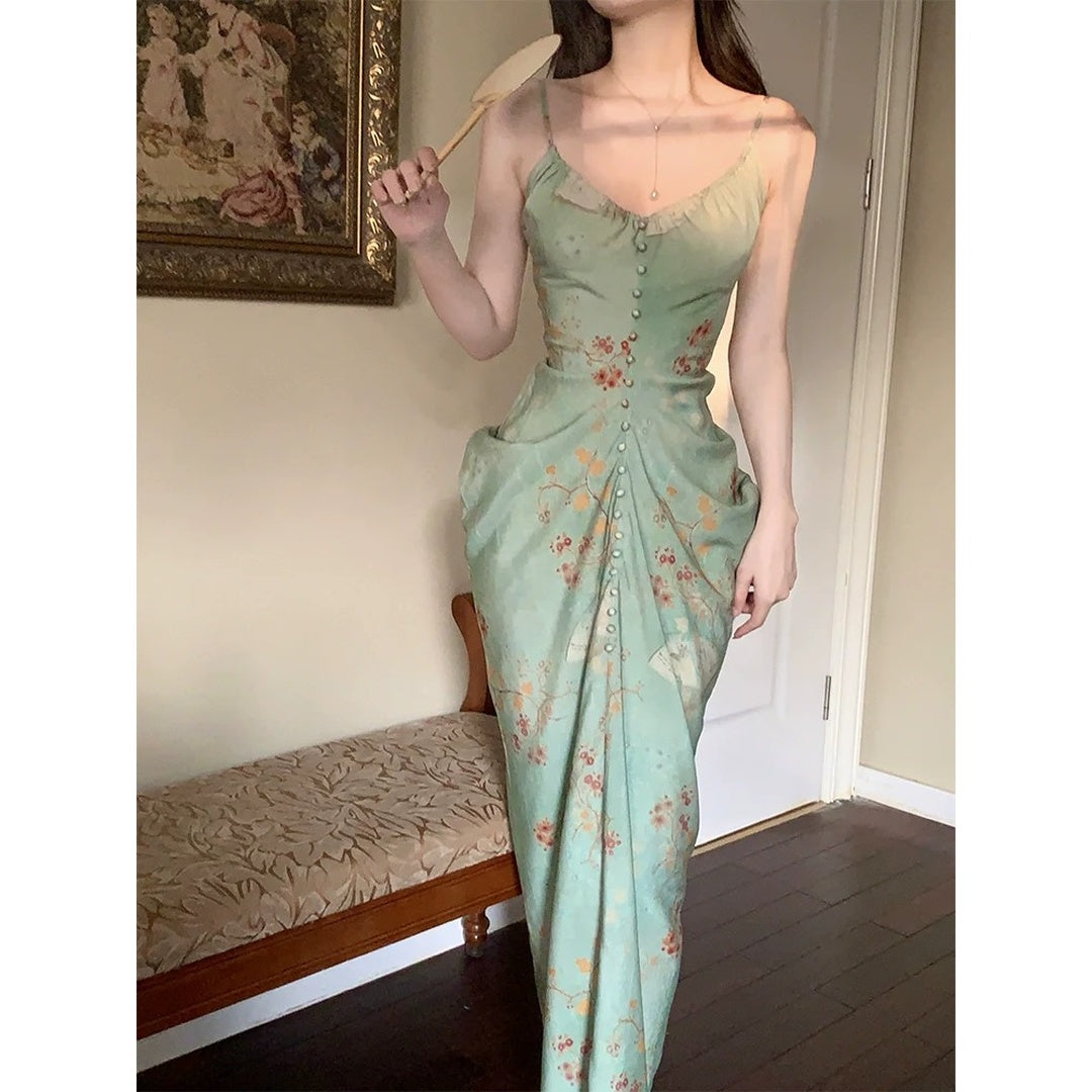 Modern Chinese Vintage Green Spaghetti Gown Dress
