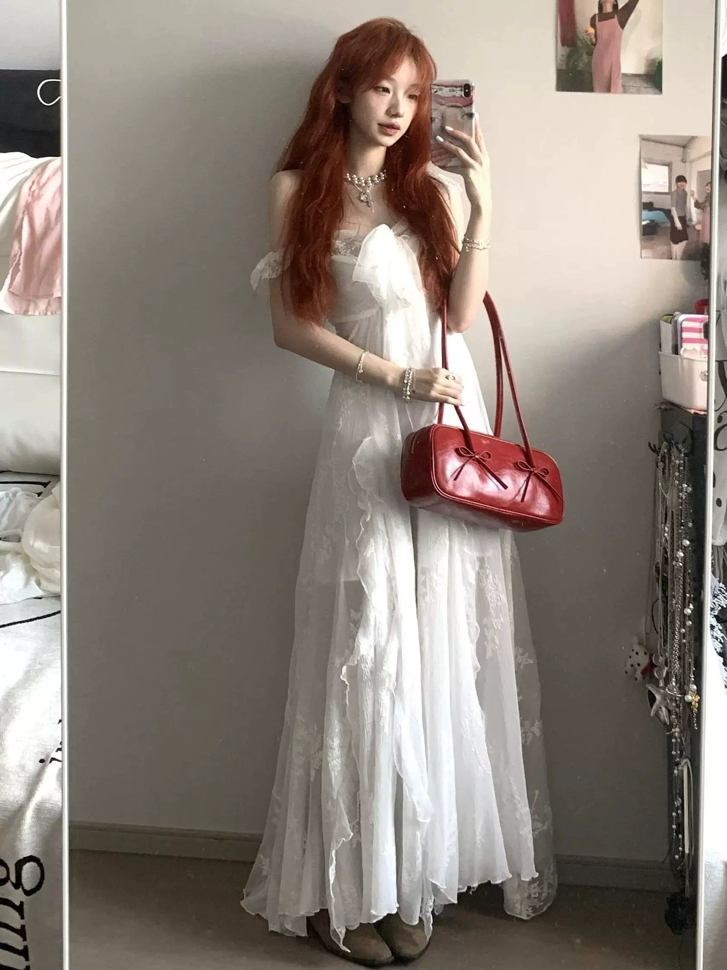 French-Inspired White Sheer Tulle Camisole Maxi Dress