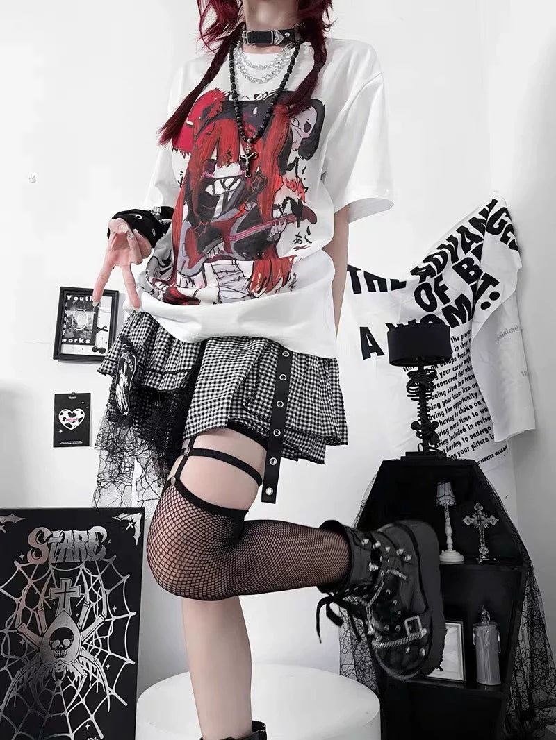 Rock Devil White Tee and Black White Spider Lace Skirt Y2K Two Pieces Sets