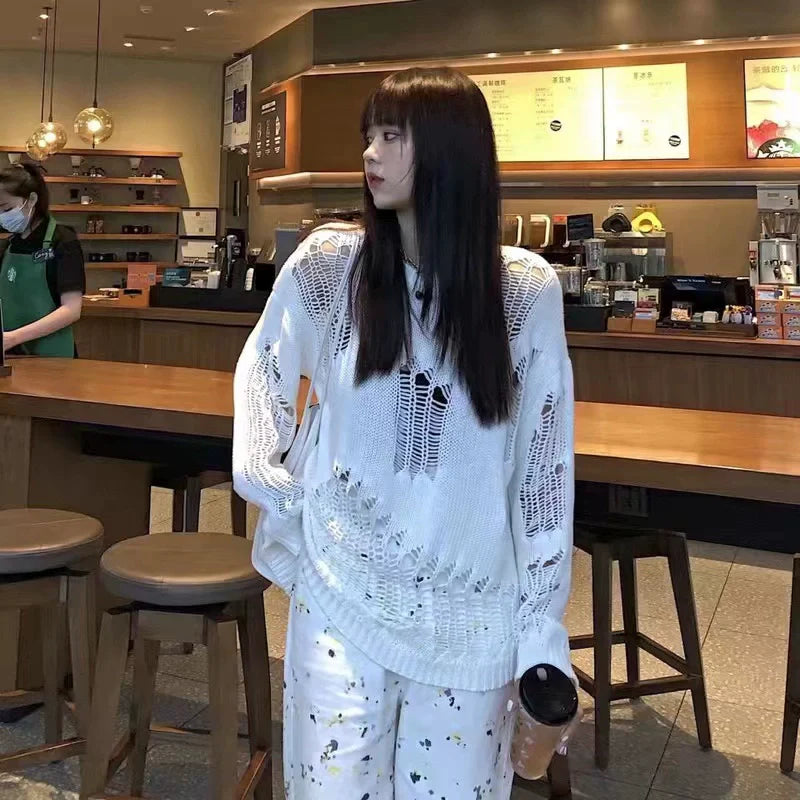 Black Subculture Punk Y2K E-girl Cutout & Distressed Slouchy Oversized Top (Thin Fabric)