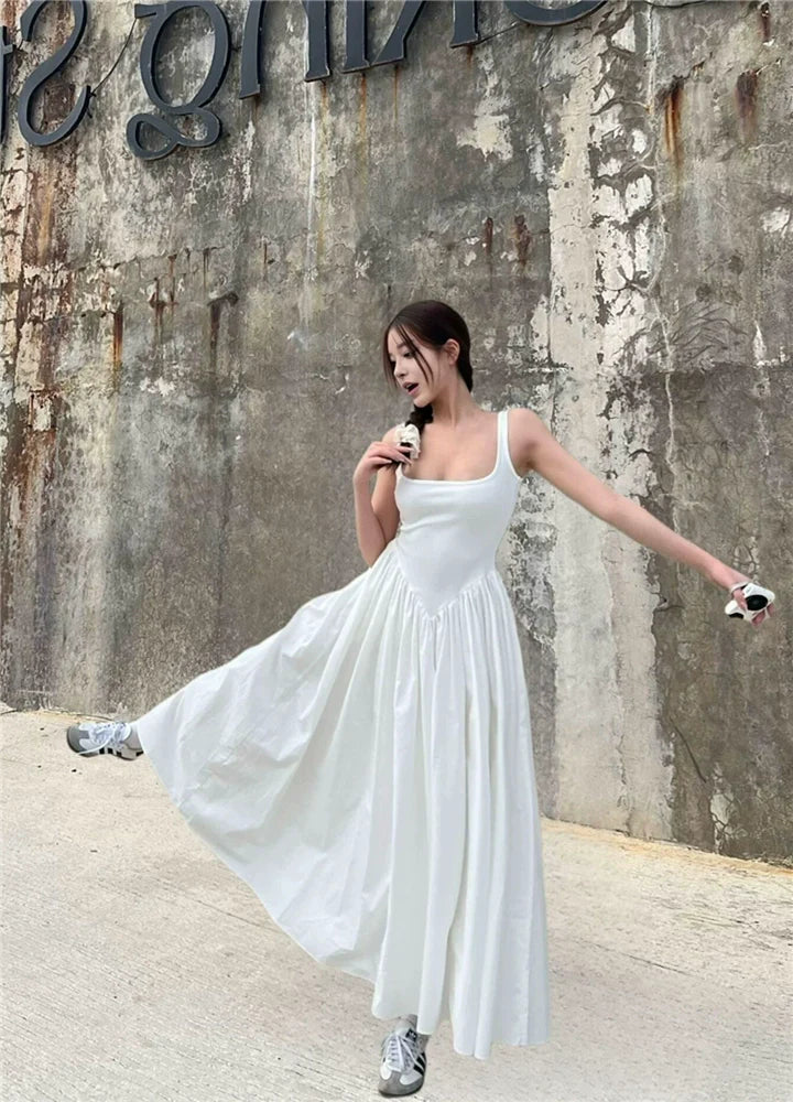 Black Waist-Cinched Backless Spaghetti-Strap Knit Dress 2025 Summer