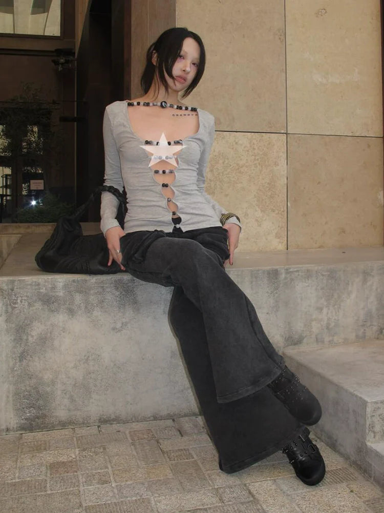 Zen Inspired Beaded Long Sleeve T Shirt Slim Fit Y2K Top