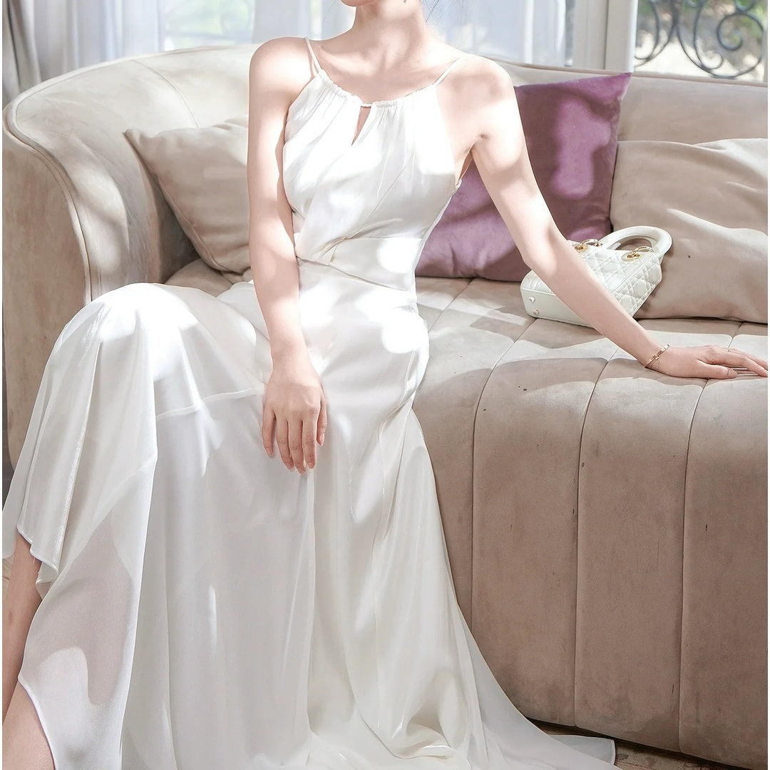 French Satin White Spaghetti Strap Gown Dress