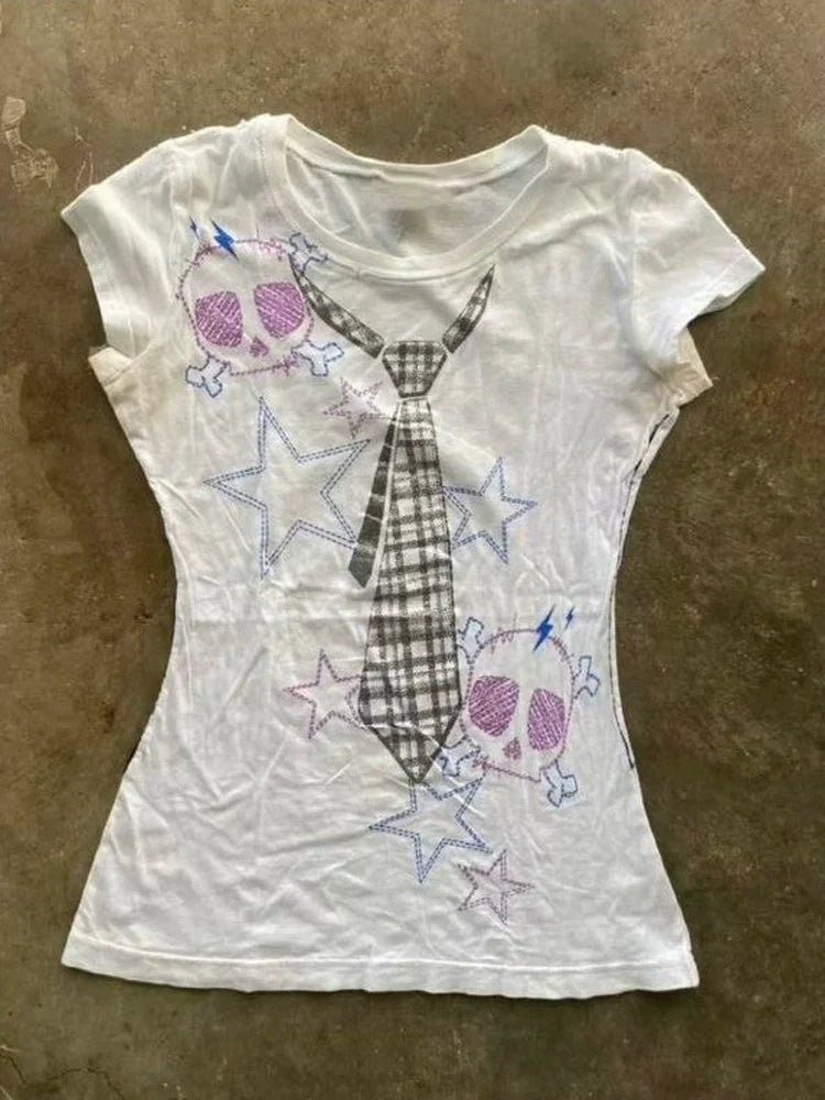 Skull Star Print Subculture Y2K E-girl Abi American Retro Anime Short Sleeve Top