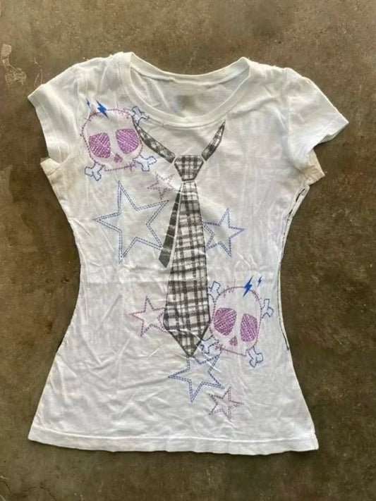 Skull Star Print Subculture Y2K E-girl Abi American Retro Anime Short Sleeve Top
