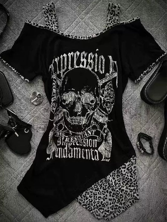 Black Punk Y2K E-girl Vintage Off-Shoulder Print Slim-Fit Short Sleeve Top