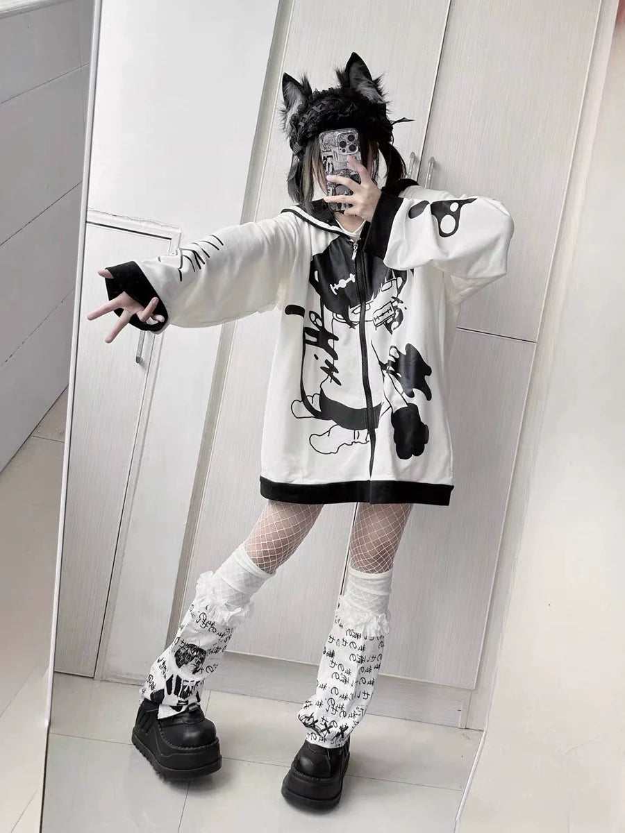 Black White Y2K Anime Injured Cat Print Cat-Ear Naval Collar Fleece Hoodie