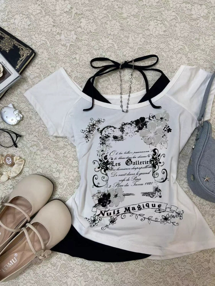 Black White Color Block Fake Two-Piece Halter Y2K T-Shirt