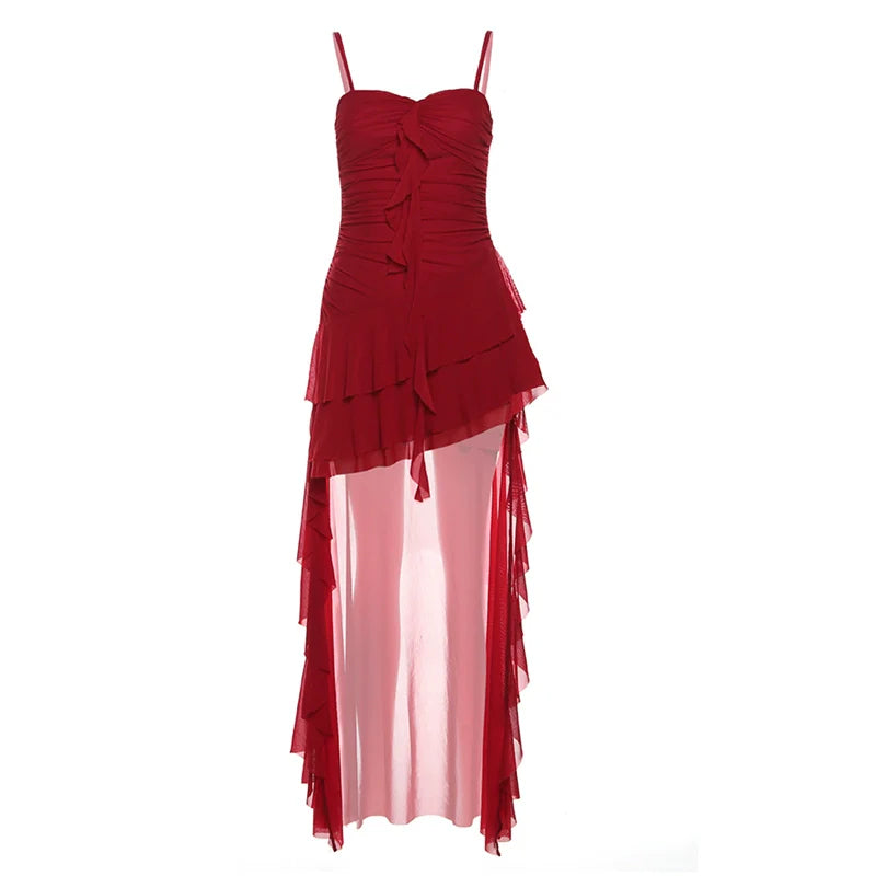 French Fairycore Ruffle-Paneled Camisole Asymmetrical Midi Dress