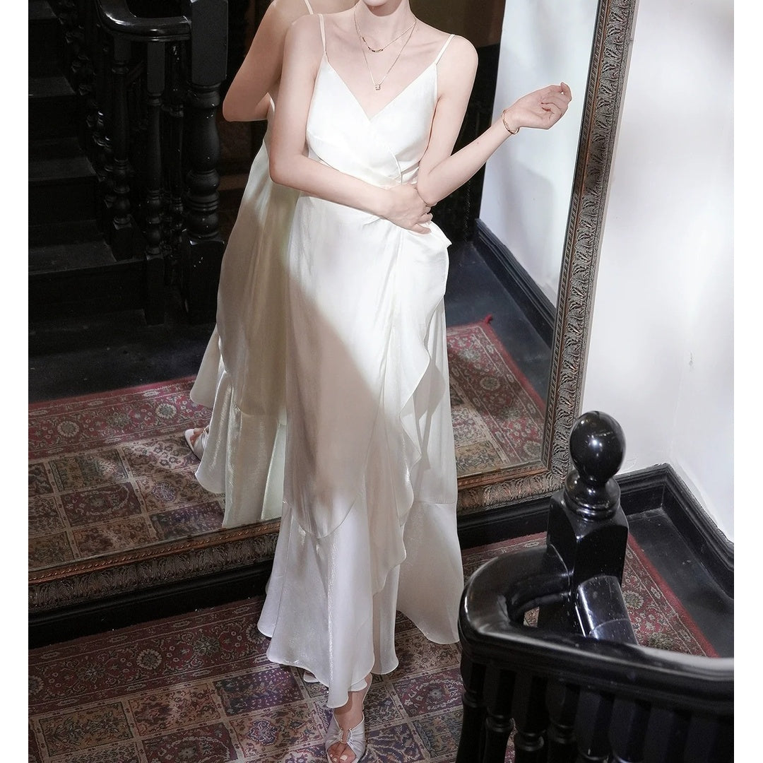 French Satin Spaghetti Gown Dress – High-End Fitted Party Dress