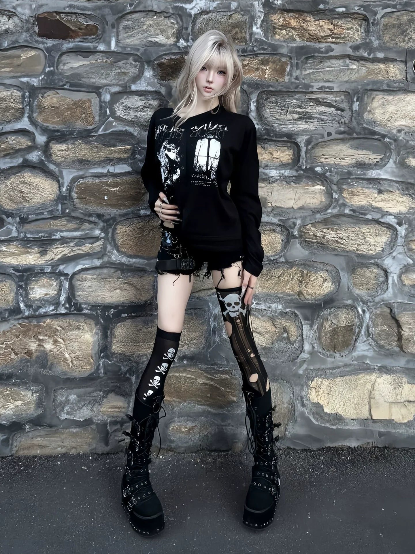 Punk Visual Kei Sheer Snowflake Henley Long Sleeve Layered Top