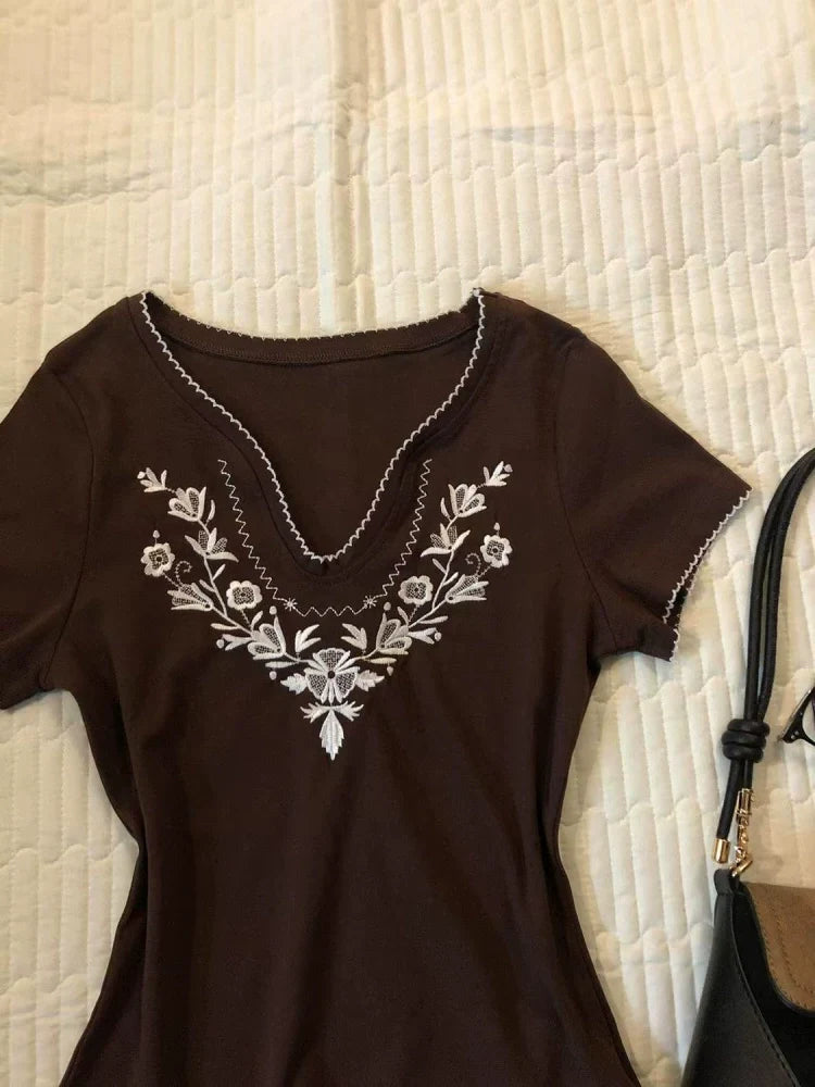 Brown Subculture Y2K E-girl Abi American Retro Vintage Early Embroidery Short Sleeve Top