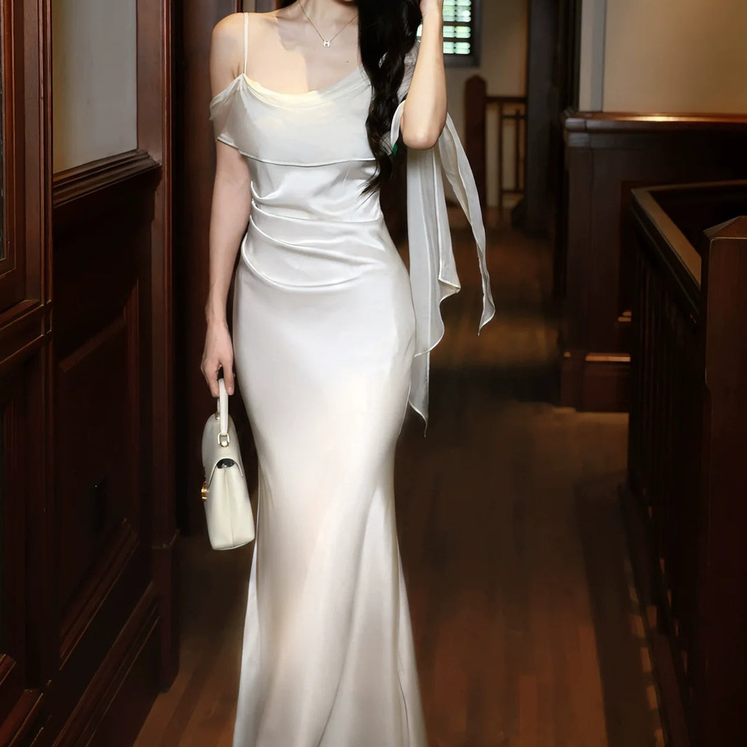 French Satin Spaghetti Strap Luxury Party Gown Dress