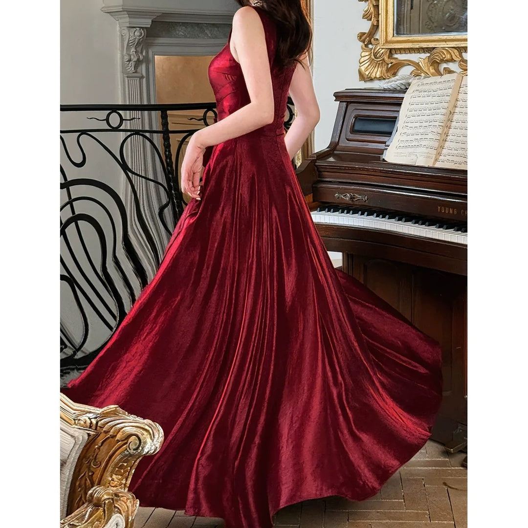 French Red Vintage Waist Full Skirt Gown Dress