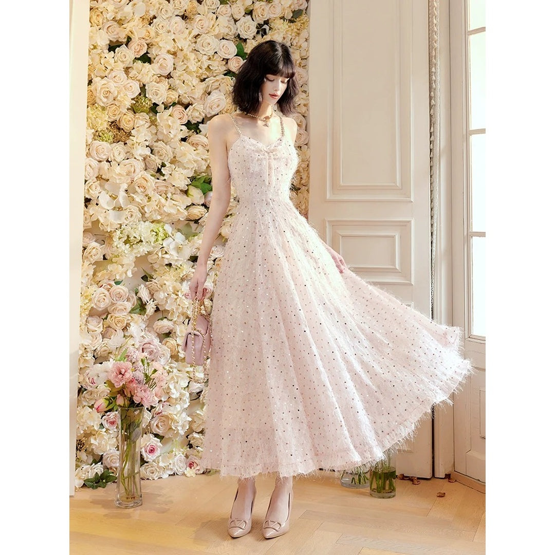 Pink Sequin Fringe Butterfly Gown Dress – French Luxury Party Dress