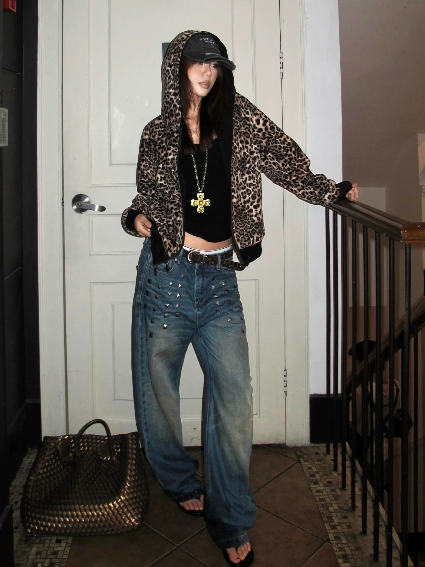 Retro Leopard Reversible Hoodie Boxy Zip Top