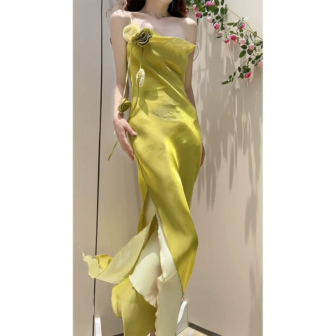 Elegant French Double Layer Draped Slit Spaghetti Strap Gown Dress