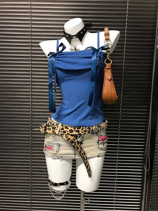 Blue Butterfly One-Shoulder Subculture Y2K E-girl Sweet-Spicy Light Subculture American Retro Bow Short Sleeve Top