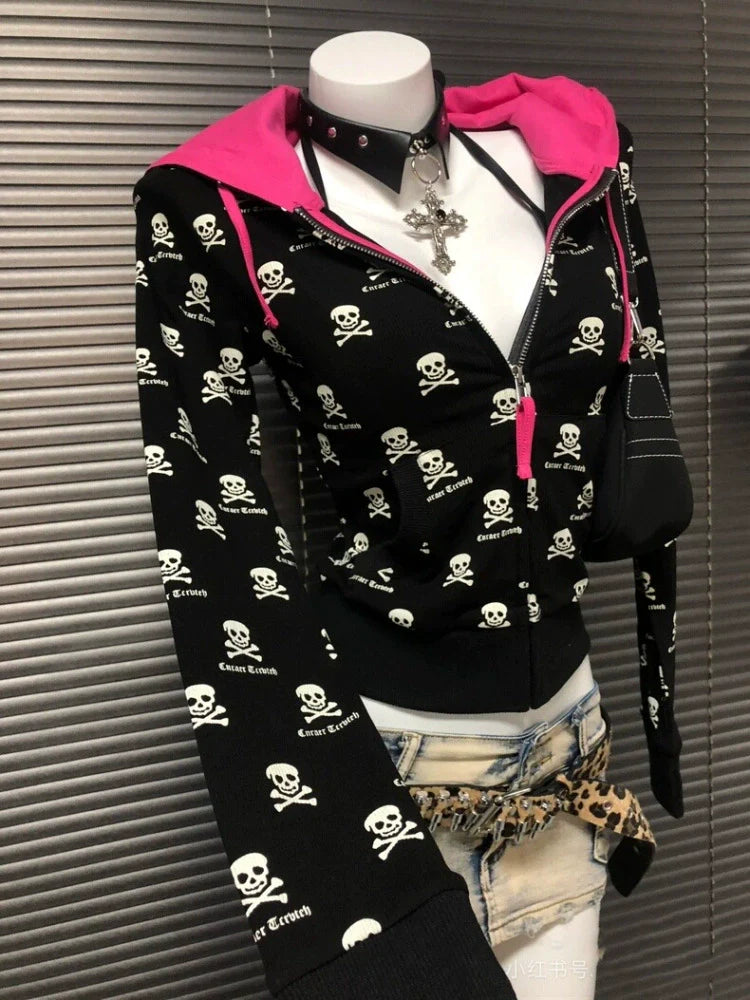 Black Thin Gothic Skull Hoodie Y2K Hoodie