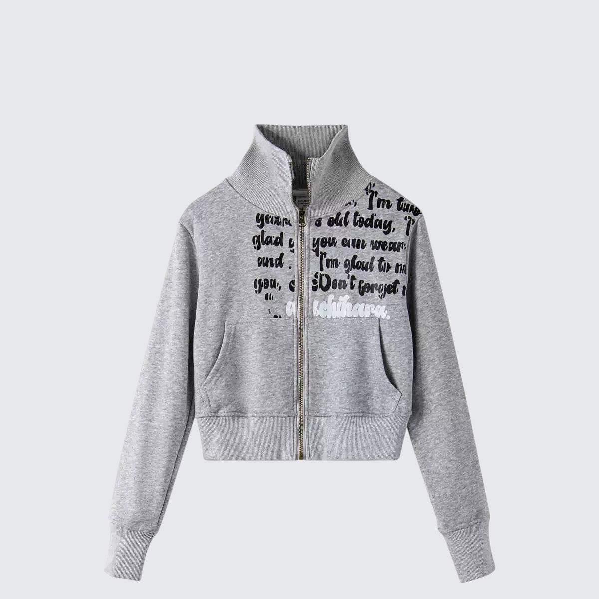 Gray Zip-Up Letter Print Hoodie