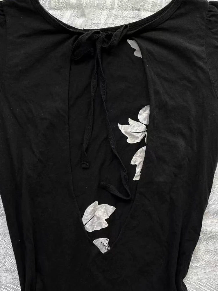 Black Subculture Y2K E-girl Abi American Retro Print Tie & Open-Back Short Sleeve Top