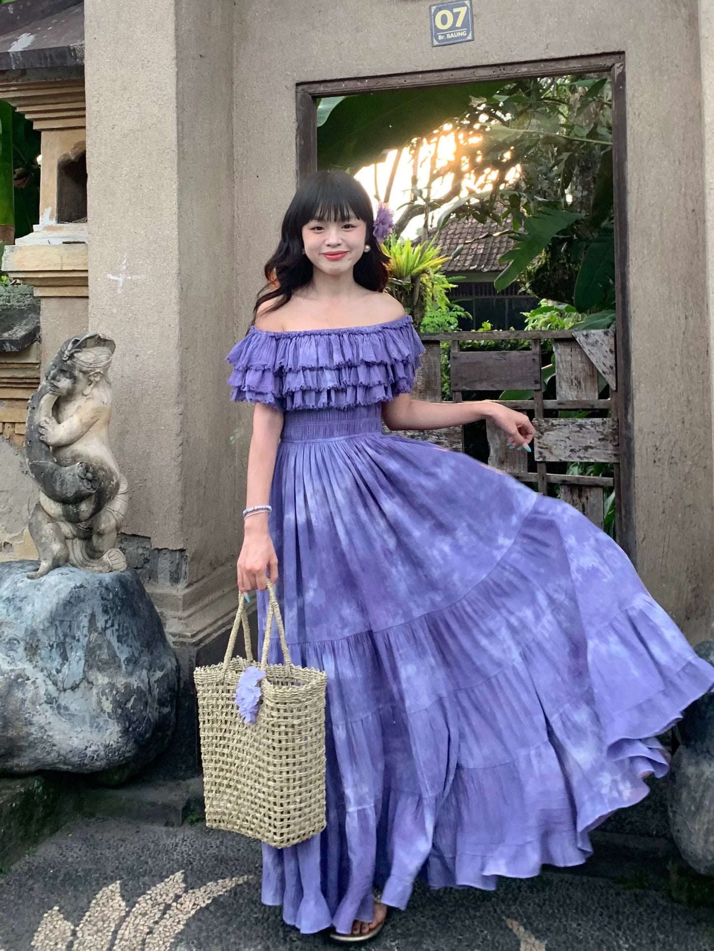 Purple Handcrafted Tie-Dye Off-The-Shoulder Maxi Dress