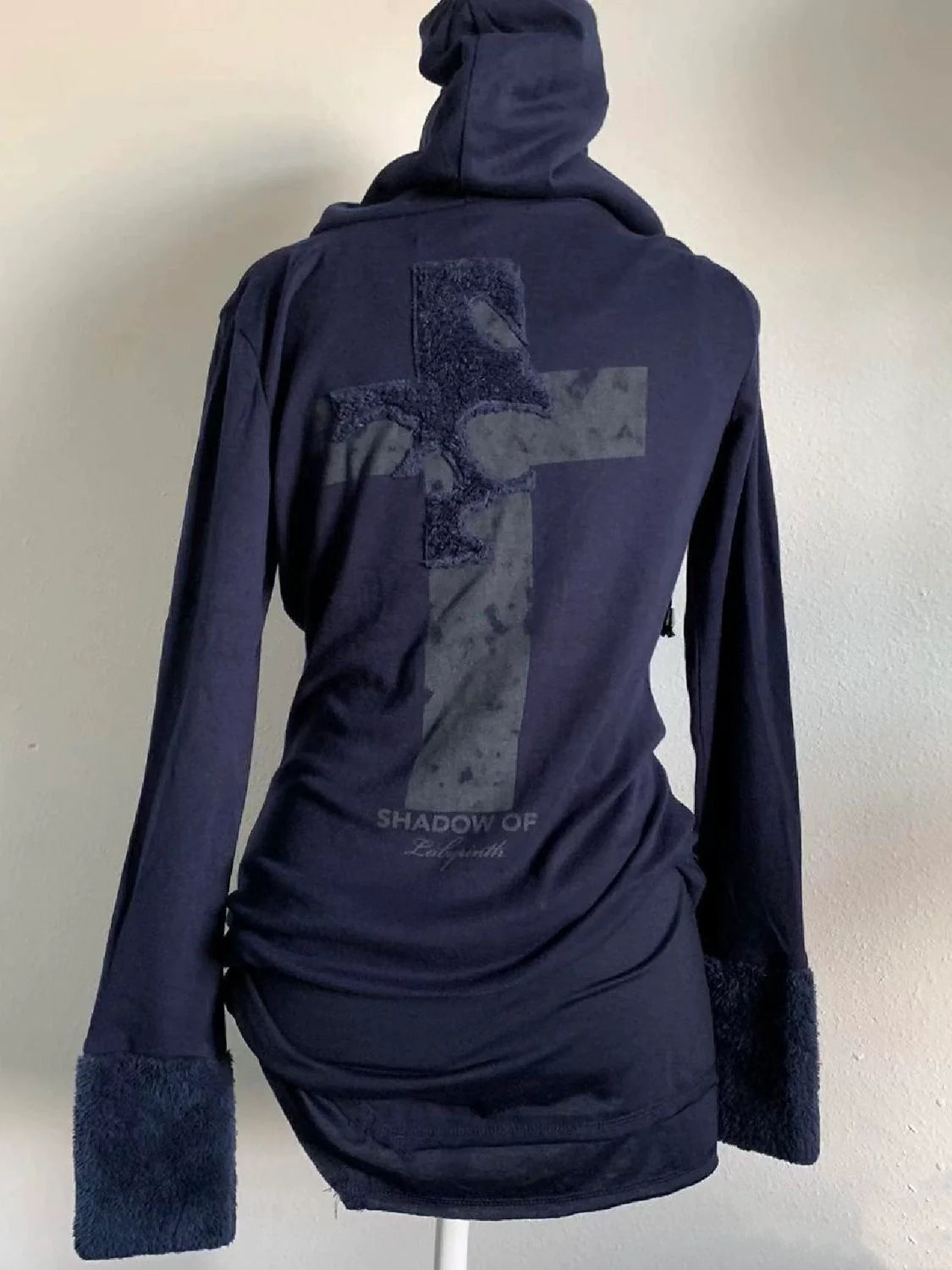 Dark Blue Lamb Wool Patchwork Hoodie Subculture Punk Y2K E-girl Retro Autumn/Winter Hooded Sweatshirt