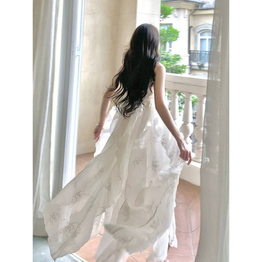 French White Embroidered Spaghetti Gown Dress