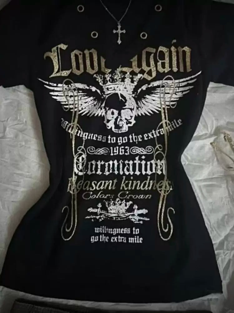 Black Subculture Rock Punk Y2K Abi E-girl American Retro Print Hooded Short Sleeve Top