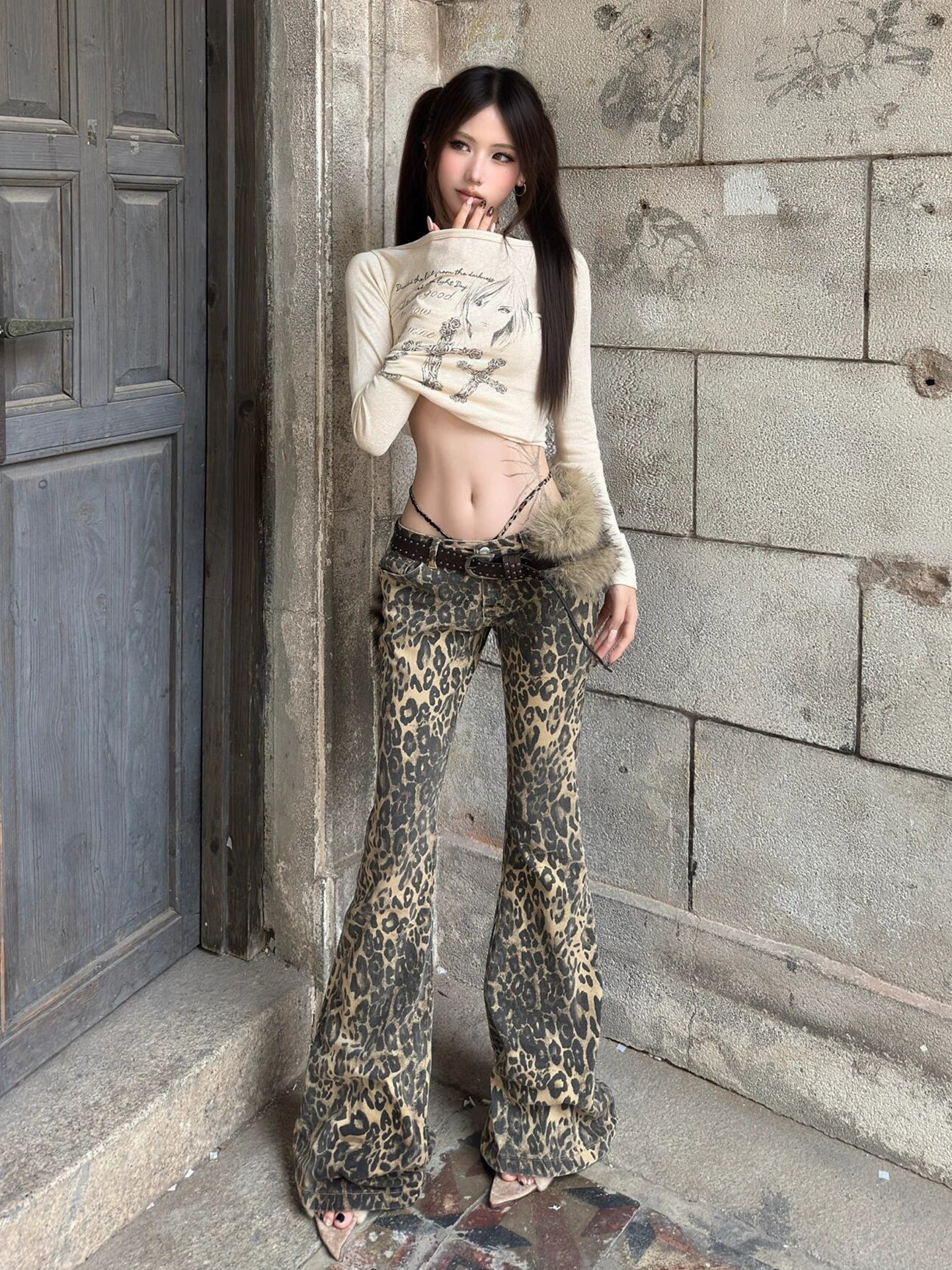 Y2K Cross Print Wide Neck Long Sleeve Top