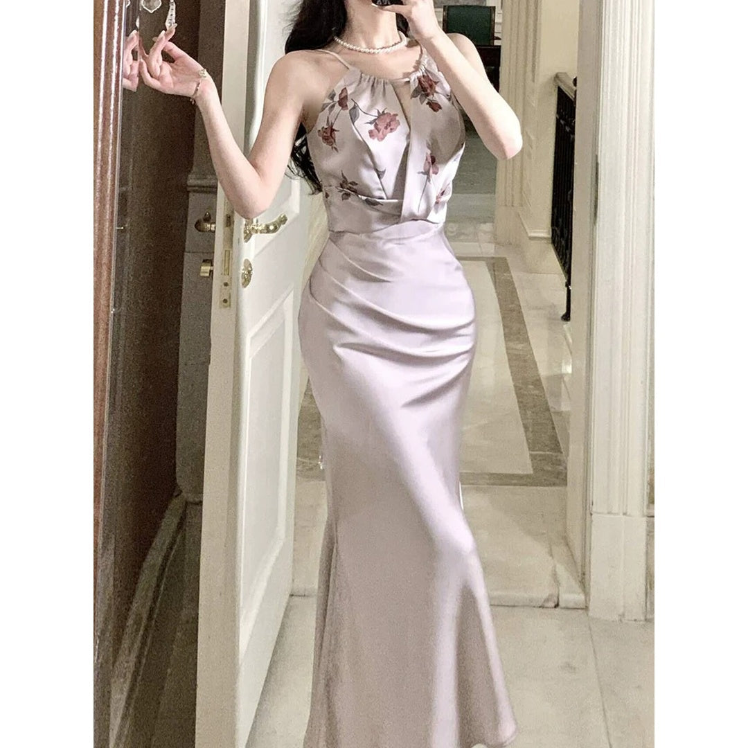 Satin Floral Contrast Mermaid Gown Dress