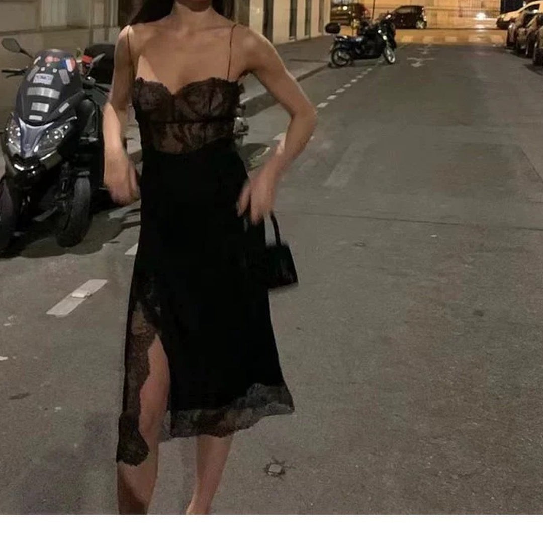 French Lace Contrast Spaghetti Strap Party Gown Dress