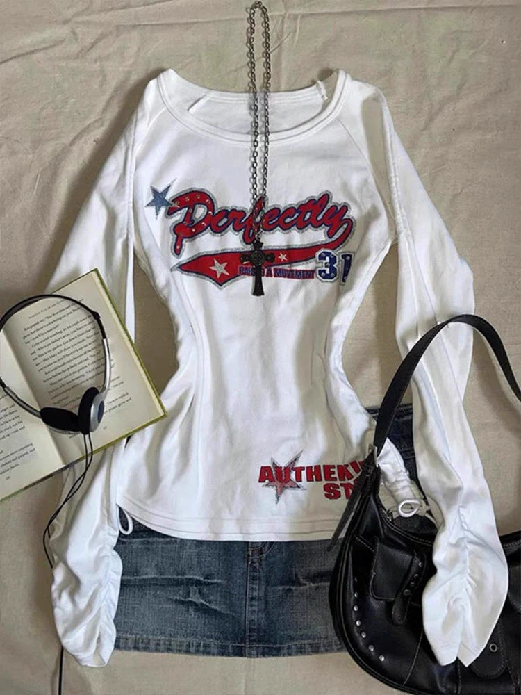 White Gothic Rock Punk Vintage Drawstring Print Long-Sleeve Y2K T-Shirt