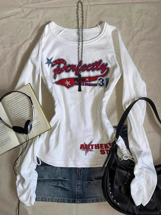 White Gothic Rock Punk Vintage Drawstring Print Long-Sleeve Y2K T-Shirt