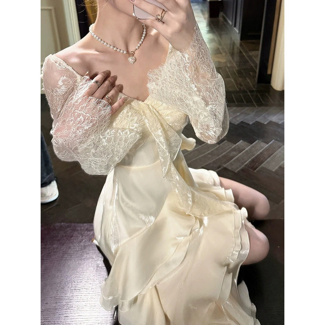 French Lace Long Sleeve Ruffle Waist Gown Dress