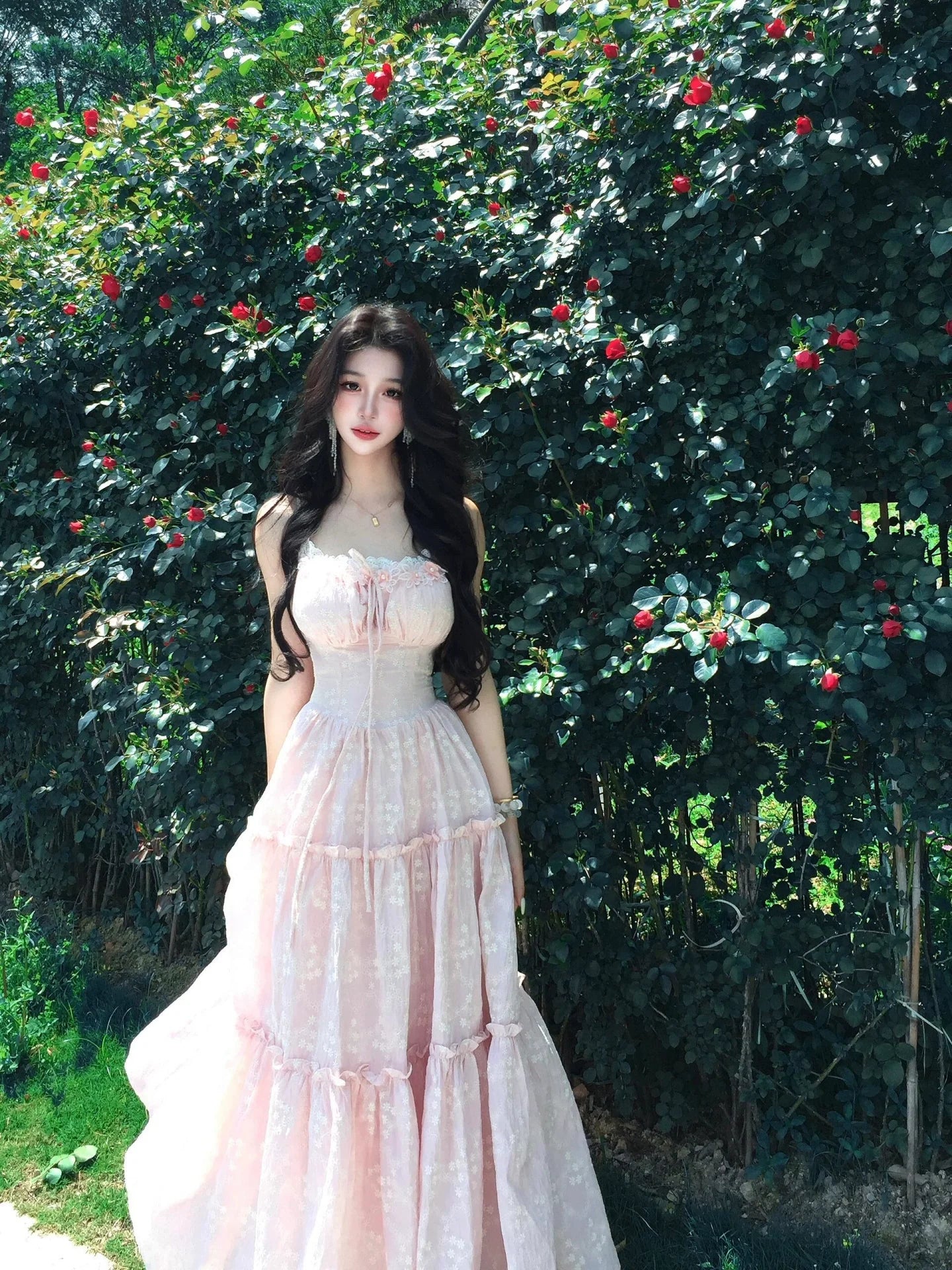 French Pink Halter Soft Sweet Waist-Cinched Princess Tiered Beach Vacation Maxi Dress