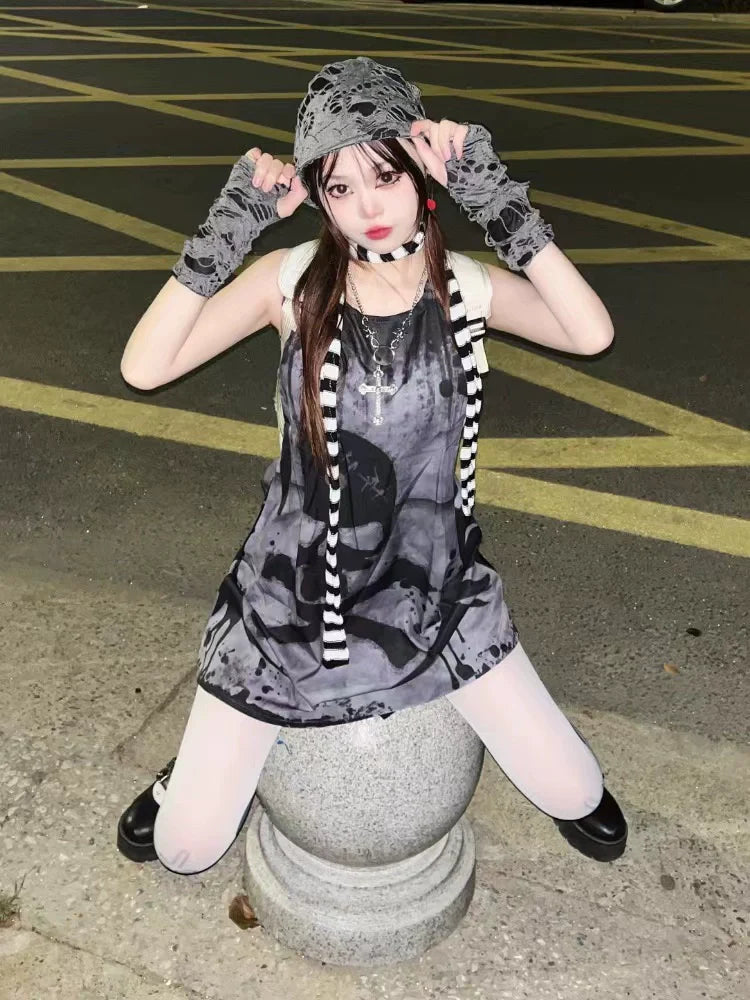 Skull Tank Dress Subculture Cyberpunk Rock Y2K E-girl Gothic Dark Dress