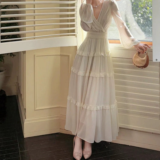 French Chiffon V Neck Ruffle Bubble Sleeve Gown Dress