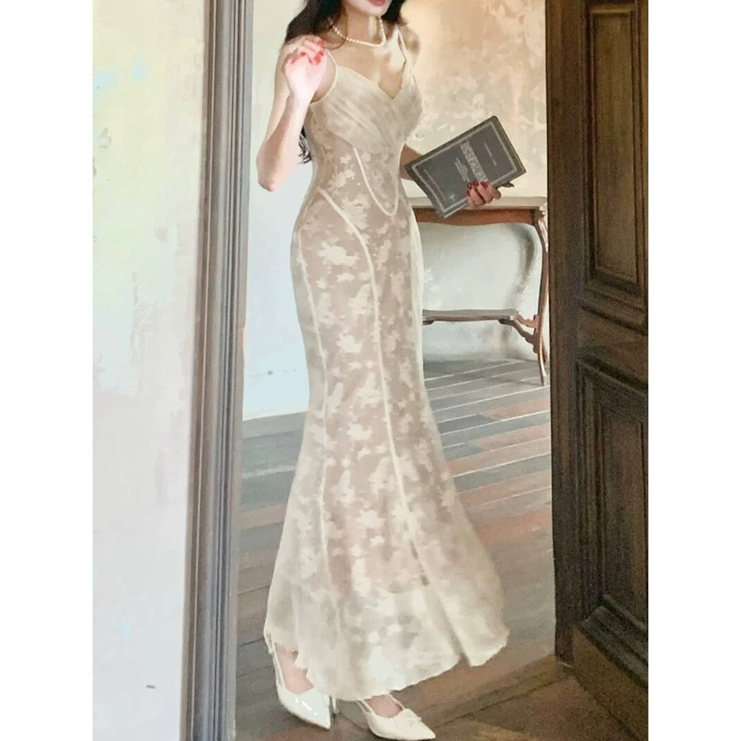 French Lace Pleated Spaghetti Gown Dress with Chiffon Cardigan