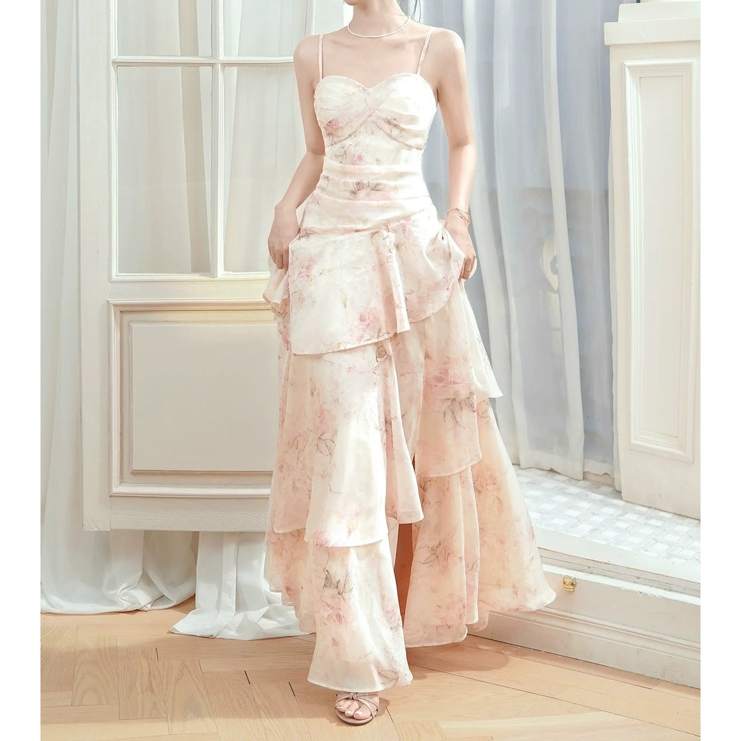 French Floral Waist Spaghetti Strap Gown Dress