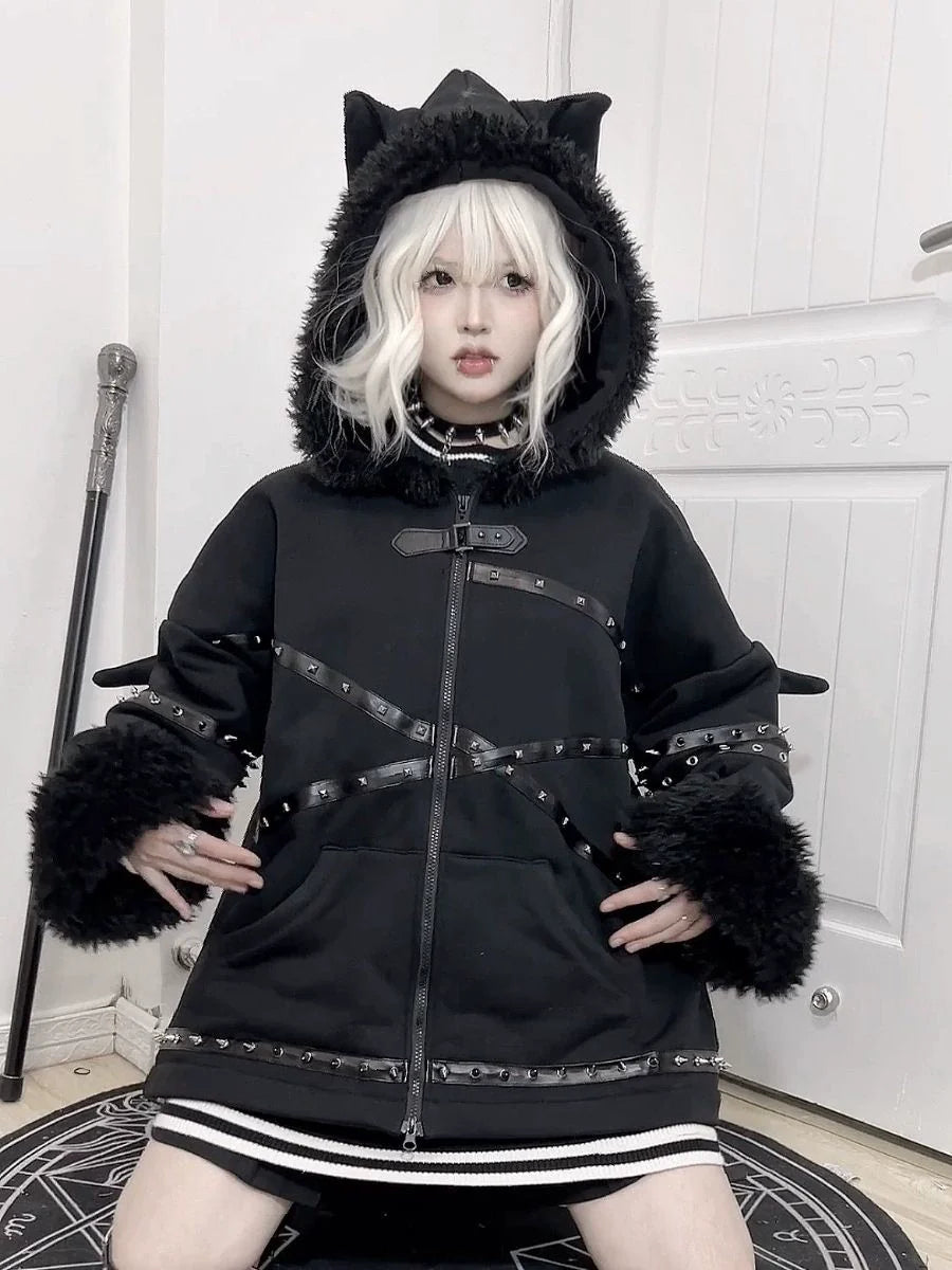 Black Y2K Punk Dark Bat Demon Rivet Hooded Puffer Jacket