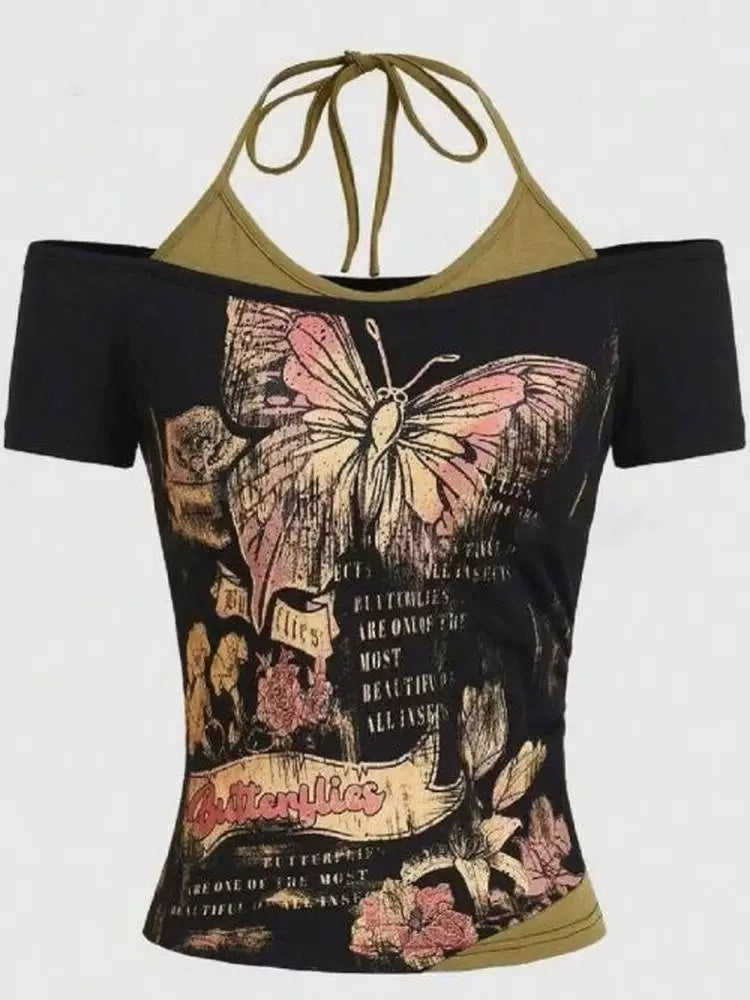 Black American Vintage Butterfly Print Fake Two-Piece Y2K T-Shirt