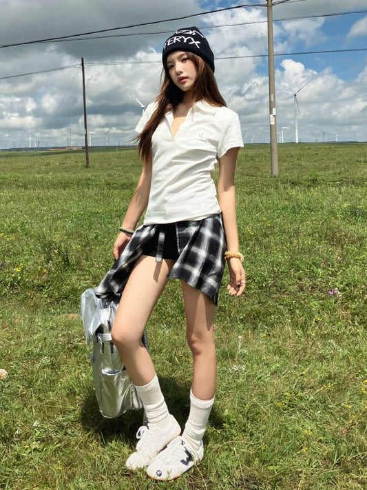 American Sporty V-Neck Polo Tee Summer Slim Fit Badminton Tennis Crop Top