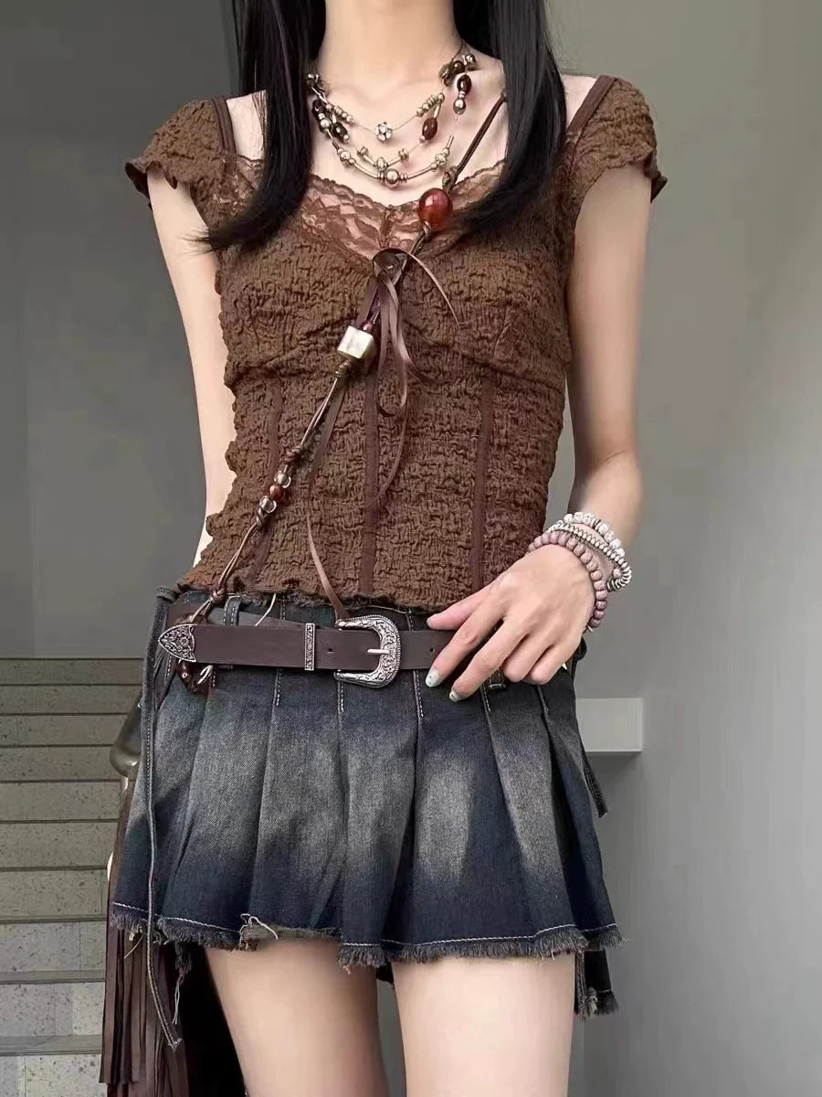 Brown Vintage Textured Lace Bow Panel Y2K T-Shirt