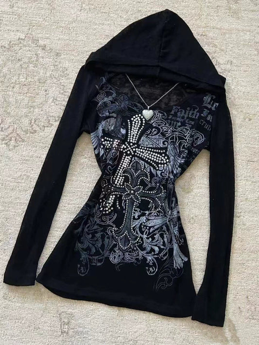 Black Subculture Punk Y2K E-girl Retro Vintage Hooded Sweatshirt Autumn/Winter Slim Slimming Top